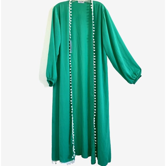 CP FUSAO sz M / L NAMI GREEN WHITE POM LONG BEACH SWIM COVER FLOWY DUSTER TUNIC - Picture 2 of 4